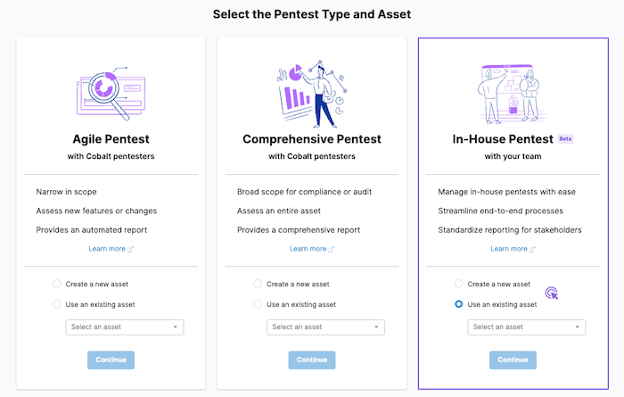 Select or create an asset to start setting up an In-House Pentest